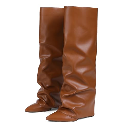 Image of SaraIris Women's Slouchy Knee High Boots - Black, Pointed Toe, Fold Over, Chunky, Shark Boots