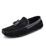 Easy to Put and Remove Smoking Loafer for Men Tassel Genuine Leather Suede Vamp Round Toe Stitching Details Comfortable Flat Heel Flexible Soft Resistant Walking Slip On for All Occasions Black