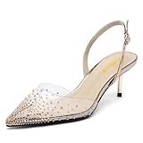 FSJ Women Sparkle Rhinestone Studded Kitten Low Heels Slingback Pumps Pointed Toe Wedding Evening Shoes Size 8 Moccasin