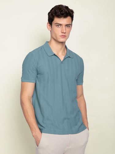 Image of DAMENSCH Men Rich Pique, Statement Textured, Body-Cooling All Degree, Premium Cotton, Herringbone Texture Johnny Collar Polo T-Shirt