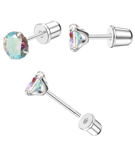 TupMi Threadless Flat Back Stud Earrings Hypoallergenic Titanium Surgical Steel Earrings 5MM CZ Push in Earrings Flat Back Handmade Jewelry for Women Girls (Silver AB)