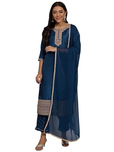 Image of VredeVogel Women's Silk Blend Embroidered Kurta with Pant & Nazneen Dupatta Set
