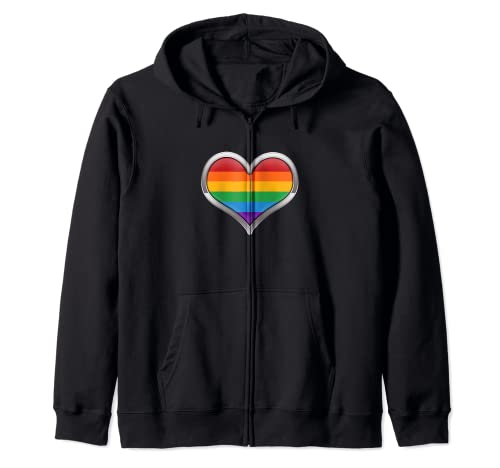 Large LGBT Rainbow Pride Flag Colored Heart w/ Chrome Frame Zip Hoodie