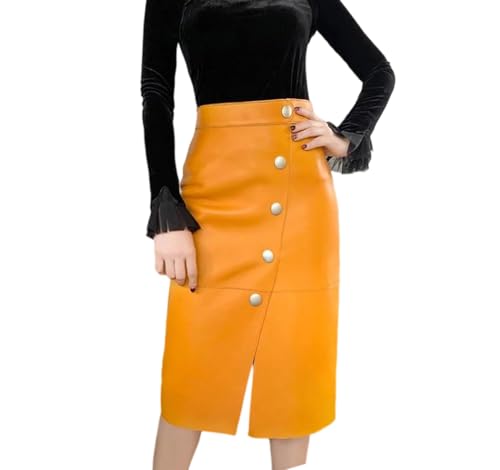 Women Winter Fashion Genuine Leather Skirt French Style Split Slim Fit Midi Skirt