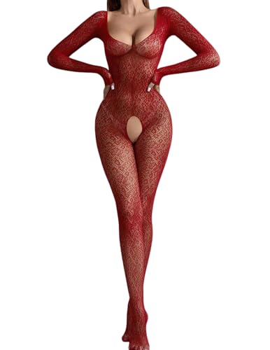 PARUPRUP Womens Fairy Fishnet Mesh Bodystocking Sexy Sheer See Through Lace Lingerie Set One Piece Bodysuit Deep V Neck Hollow Out Jumpsuit Tights Babydoll Teddy Underwear (Burgundy One Size)