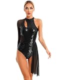 iiniim Vestido de Patinaje Artístico para Mujer Lentejuelas Vestido de Danza Asimétrico de Una Manga Larga Transparente Maillot Ballet con Falda Body de Baile Actuacion Negro S