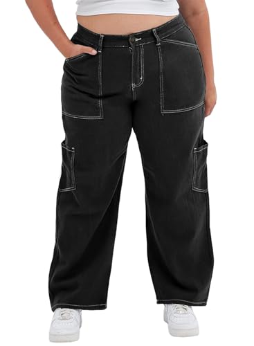 Eytino Womens Plus Size Cargo Pants High Waisted Stretch Wide Leg Baggy Pants Casual Trousers with Pockets(1X-5X)