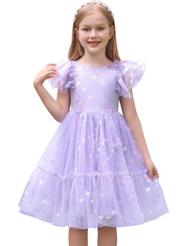 AWIBMK Flower Girls Flutter Sleeve 3D Butterfly Sparkly Tulle Dress Kids Party Prom Bridesmaid Wedding Guest Dresses