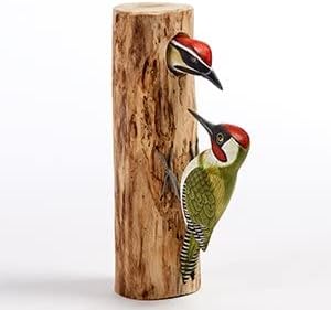 Wooden Hand Carved Woodpeckers on a Tree Stump Painted Great British Birds Indoor/Outdoor Garden Ornament Fair Trade Green or Great Spotted (Black and White) (Green)