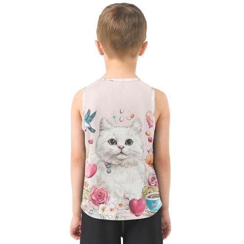 Bolaz Boys Athletic Quick Dry Tank Top Sleeveless Workout T Shirts Age 11-15,Cartoon Cat and Floral3