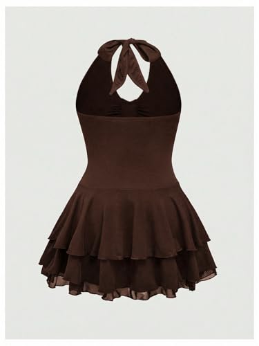 Image of BEAUDRM Women's Y2k Goth Mini Dress Grunge Punk V Neck Tie Back Halter Short Dresses Gothic Halloween Costumes