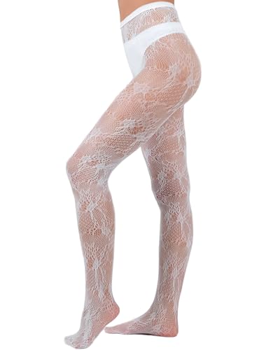White Floral Fishnet Tights for Women – Sexy Sheer Lace Pantyhose | Patterned Gothic Stockings for Clubwear, Cosplay, Festivals & Everyday Style – Stretchy One Size High Waist Fit