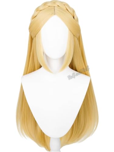 Image of Long Straight Blonde Anime Game Princess Cosplay Wig with Braid for Women | 27.5'' Light Golden Center Part Wigs Synthetic Hair for Halloween Party Costumes