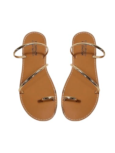 OYOANGLE Women's Metallic Strappy Toe Ring Sandals Open Toe Flat Slide On Thong Sandals