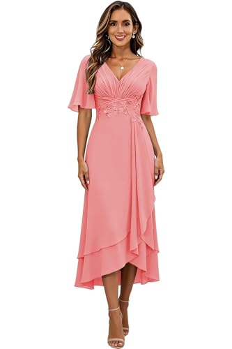 Image of Lace Applique Mother of Bride Dresses Chiffon Mother of the Groom Dresses Tea Length Formal Evening Dress with Sleeve