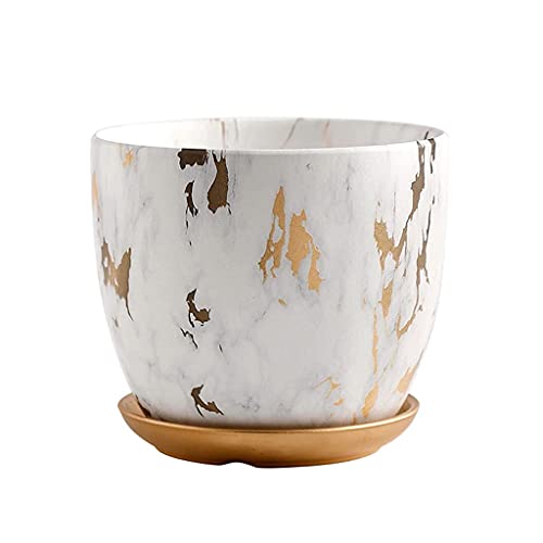 Grand pot de fleur rond moderne céramique marbre blanc avec socle pour plante verte