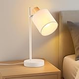 CBJKTX Tischlampe Holz Nachttischlampe Vintage - E14 Tischleuchte Weiß Stoff Nachttischleuchte mit Kabel Drehbar Retro Schreibtischlampe Rustikal Bettlampe für Wohnzimmer (ohne Leuchtmittel)