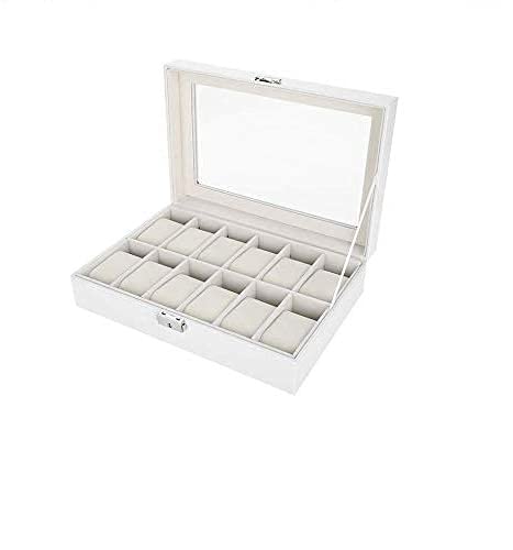 YUYTE Uhrenbox, Uhrenkasten mit Glasdeckel, Uhrenschatulle mit 12 Fächern, Uhren Aufbewahrungsbox, Minimalistisches Design Schmuckschatulle, White Watch Aufbewahrungsbox, Schmucketui Pu Leder(Weiß)