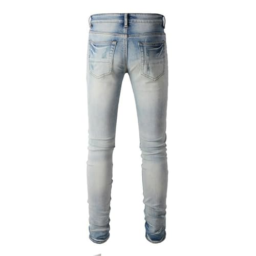 Jeans Pants Trouser Denim Men Stretch Slim Fit Trendy Street Worn Hole Washed Light Blue Grinding Fading Retro Wrinkle Elastic Tight Casual Small Foot(Light Blue,29)4