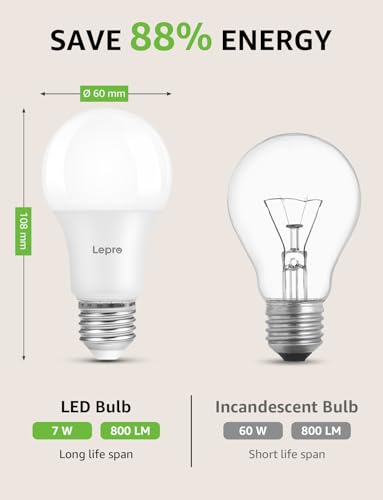 Lepro E27 Screw Bulb Dimmable, 7W Equivalent to 60W, Warm White 2700K E27 LED Bulbs, 800 Lumens Edison LED Light Bulb, Energy Saving Light Bulbs for Lamp, Pack of 6 - Image 5