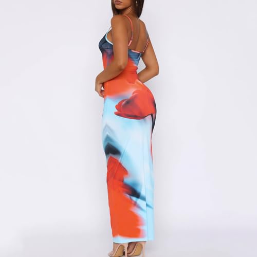 Image of Womens Summer Casual Floral Dresses Spaghetti Strap Bodycon Maxi Beach Dress Elegant Evening Party Long Dresses