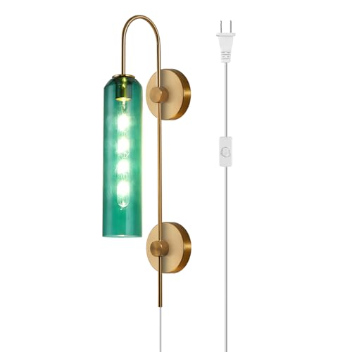 Image of BOKT Modern Gold Plug in Wall Sconce Green Glass Bedside Wall Light Fixtures Plug in Cord Mid Century Long Metal Wall Sconce Single Bathroom Bar Wall Lamp (Green)
