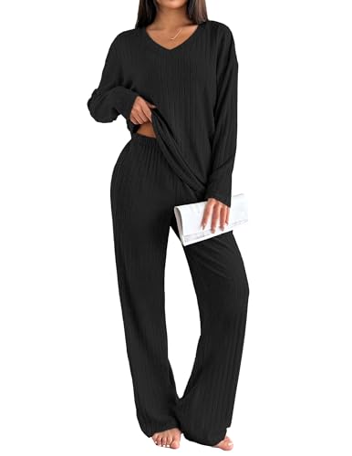 Ekouaer Lounge Sets for Women Long Sleeve Knit Ribbed Pajama Sets 2 Piece Casual Loungewear with Pockets