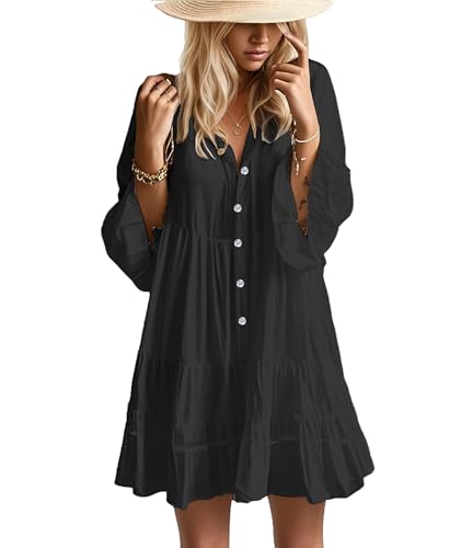 Image of Opemiby Summer Dresses for Women 2026 Flowy Ruffle 3 /4 Sleeve V Neck Tiered Casual Babydoll Boho Beach Mini Dress