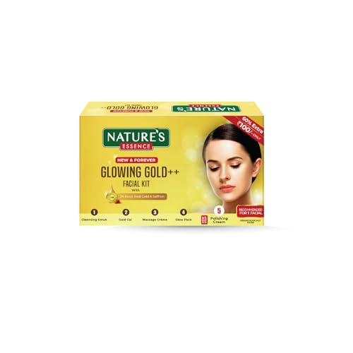 Nature’s Essence Glowing Gold++ Facial Kit for Women| For Bright & Glowing Skin Infused with 24K Real Gold & Saffron| Get Parlour Like Glow in 30 Mins| Dermatologically Tested| Free G-Lock Cream|40gm