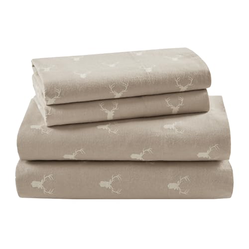 Image of Woolrich Cotton Sheet Set Cottage Charms Print, 100% Cotton Flannel Sheets Warm & Fuzzy Bedding Set Full Size Sheets, Fitted Pocket Fits Up to 14 inch Mattress, Full Stag Head, 4 Piece
