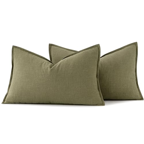 Image of MIULEE Decorative Linen Lumbar Pillow Covers 12x20 Inch Light Olive Green Boho Farmhouse Neutral Couch Throw Pillows for Bed Pack of 2 Accent Modern Pillowcase Summer Sofa Livingroom Home Decor