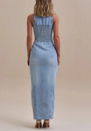 Unybwonn Women's Casual Button Down Maxi Denim Dresses Sexy Bodycon Sleeveless V Neck A-Line Long Jean Skirt Dress4
