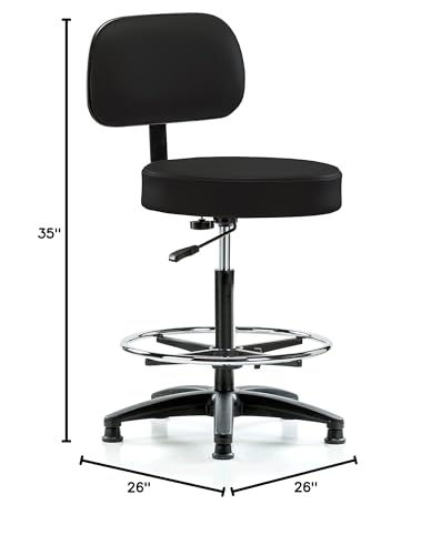 Image of Perch Stationary Walter Height Adjustable Exam Stool with Back and Foot Ring | High Bench Height 25-35 inch | Black Vinyl