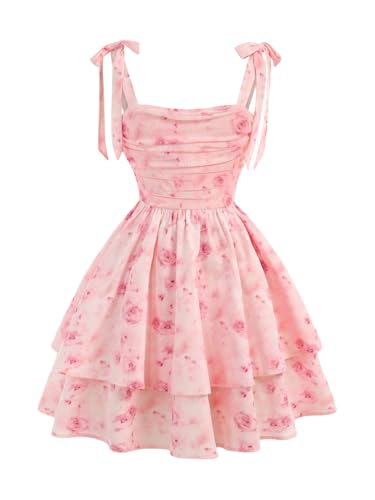 Verdusa Girl's Floral Tie Shoulder Ruffle Dress Ruched Tiered Sleeveless Short Summer Dresses