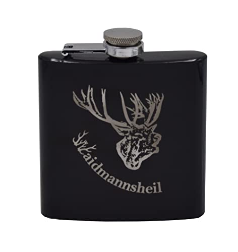 Schwarzer Flachmann mit Gravur Hirsch und Schriftzug Weidmannsheil I Geschenk Jäger Jägerin Förster Cover