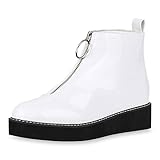  SCARPE VITA Damen Keilstiefeletten Leicht Gefütterte Stiefeletten Lack Keilabsatz Schuhe Wedge Booties Zipper Plateau Boots 186810 Weiss 39