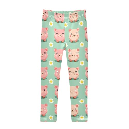 Cute Pink Pig Flower Girls Leggings Ultra Soft Compression Yoga Gym Pants for Kids 4-10T
