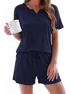 Aseniza Schlafanzug Damen Kurz Baumwolle Shorty Pyjama Sommer Nachtwäsche Sleepwear Hausanzug Loungewear Kurzarm Zweiteiler Schlafset V-Ausschnitt mit Knöpfen Blau L