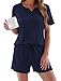 Aseniza Schlafanzug Damen Kurz Baumwolle Shorty Pyjama Sommer Nachtwäsche Sleepwear Hausanzug Loungewear Kurzarm Zweiteiler Schlafset V-Ausschnitt mit Knöpfen Blau L