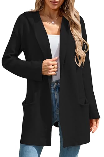 Cakulo Womens Long Hooded Cardigan Sweaters Oversized Fall Cardigans 2025 Open Front Knit Sweater Coats Pockets Black L