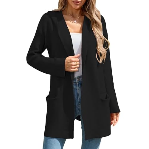 Cakulo Womens Long Hooded Cardigan Sweaters Oversized Fall Cardigans 2025 Open Front Knit Sweater Coats Pockets Black Small
