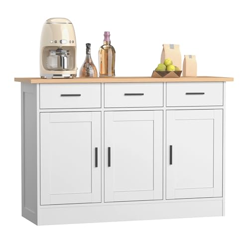 Buffet Cabinet with Storage - Buffets & Sideboards Kitchen Storage Cabinet, Wood Console Table Coffee Bar Accent Cabinets for Living Room Dining Room Entryway Large 3 Doors & Drawers, White 47.2"W