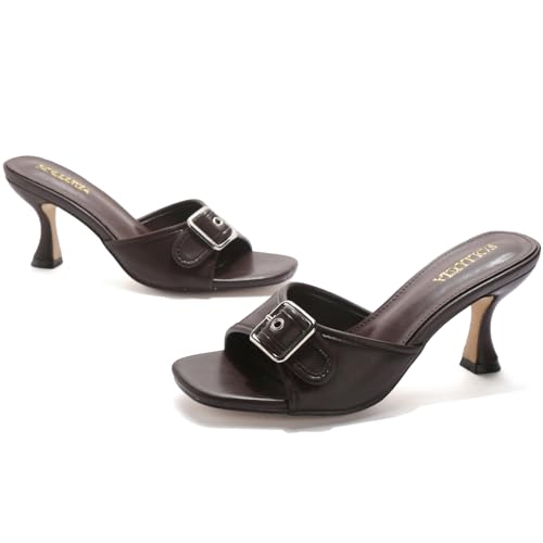 SOLLUCIA Brown Kitten Heels for Women Square Open Toe Mules Sexy Backless Slip On Dressy Heeled Sandals with Buckle Strap for Wedding,Prom,Party,Daily by SOLLUCIA - Used condition - Image 5