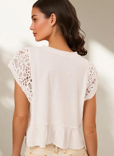 Women's Tops Cropped Hollowed Out Crewneck Cap Sleeve Shirt Cute Ladies Casual Summer Blouses2