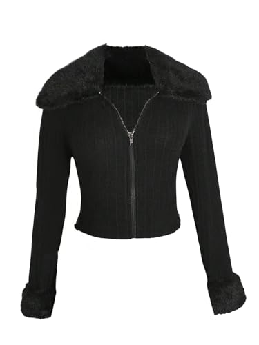 WDIRARA Womens Plus Size Fuzzy Zip Up Jacket Faux Fur Collared Long Sleeve Knit Outerwear Black XX-Large Plus