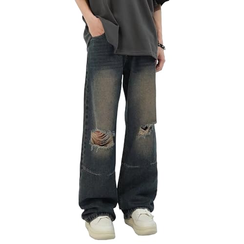 Mens Baggy Jeans Ripped Relaxed Fit Jeans Straight Leg Cargo Distressed Denim Skater Y2k Vintage Streetwear