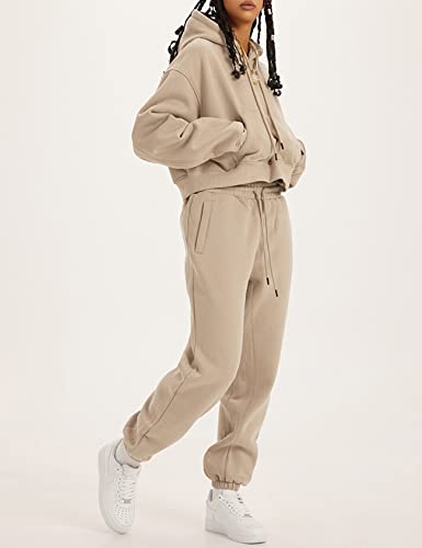 Flygo Jogger Set Women Fleece 2 Piece Sweatsuits Outfits Crop Pullover Hoodie Sweatshirt Pants with Thumb Hole(Khaki-M)