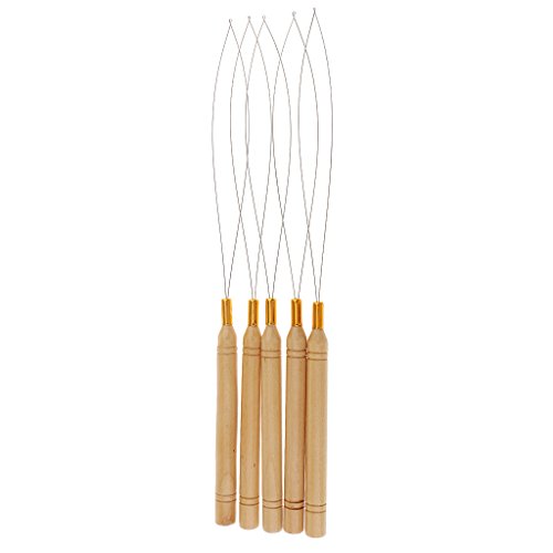 MagiDeal 5Pcs/Set Wooden Hair Extensions Loop Needle Threader Wire Pulling Hook Tool for Beads and Feathers