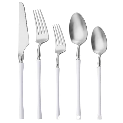 ONUIFIKE Silverware Set, 5/20/30/40/50/60pcs White Gold Stainless Steel Steak Knife, Fork And Spoon Set Dessert Fork And Spoon, Home Cutlery Flatware Set(White Silver,1Set-5Pcs)