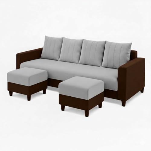 Image of STRIKON Plush 6 Seater L Shape Sofa Set with 2 Movable Ottoman | Flexible Layout |Silken Velvet Suede | Designer Sofa for Living Rooms & Office Spaces (Light Grey & Dark Brown)